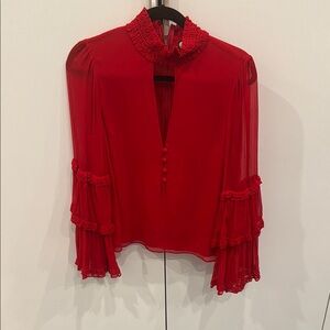 Alexis Red Ruffled 3/4 Sleeve Blouse with Mandarin Collar